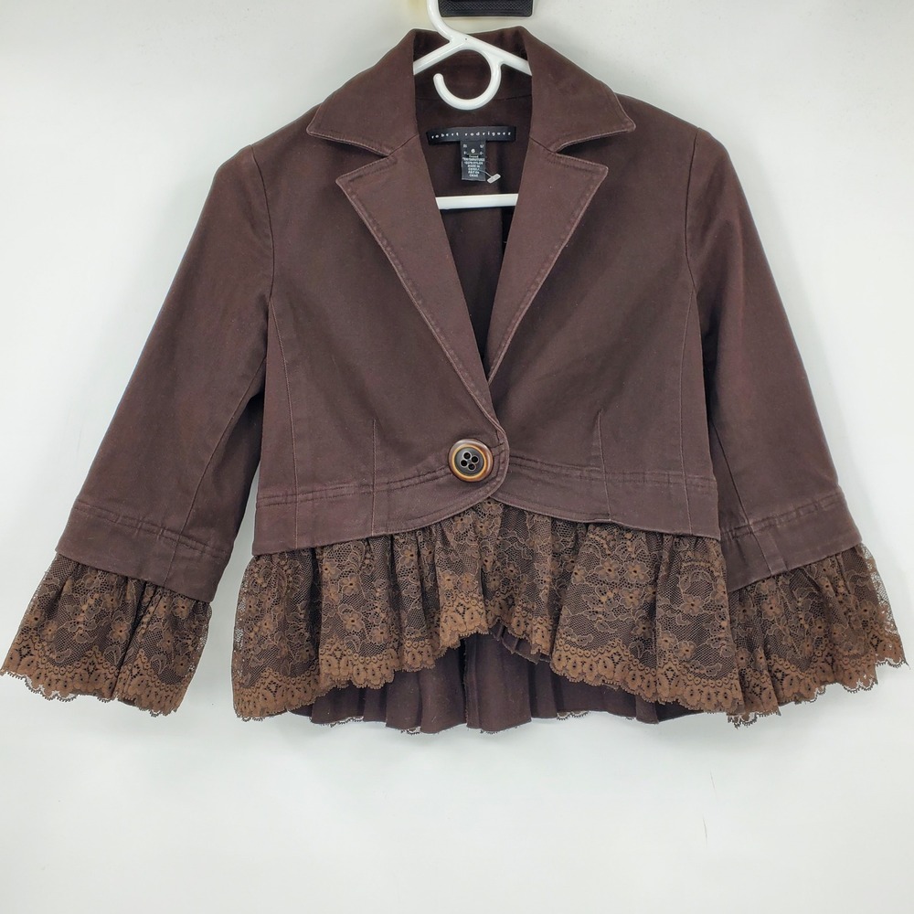 Robert Rodriguez Brown Cropped Lace Ruffle Blazer Jacket 6 Y2K Victorian Style